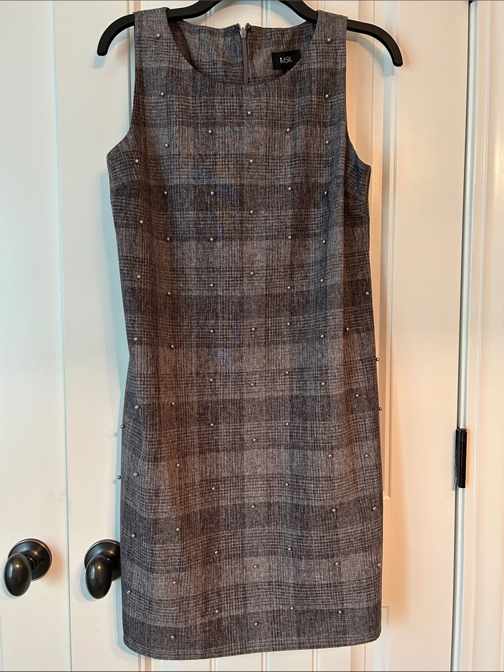 MSK Gray Plaid Midi Sheath Dress with Stud Accents